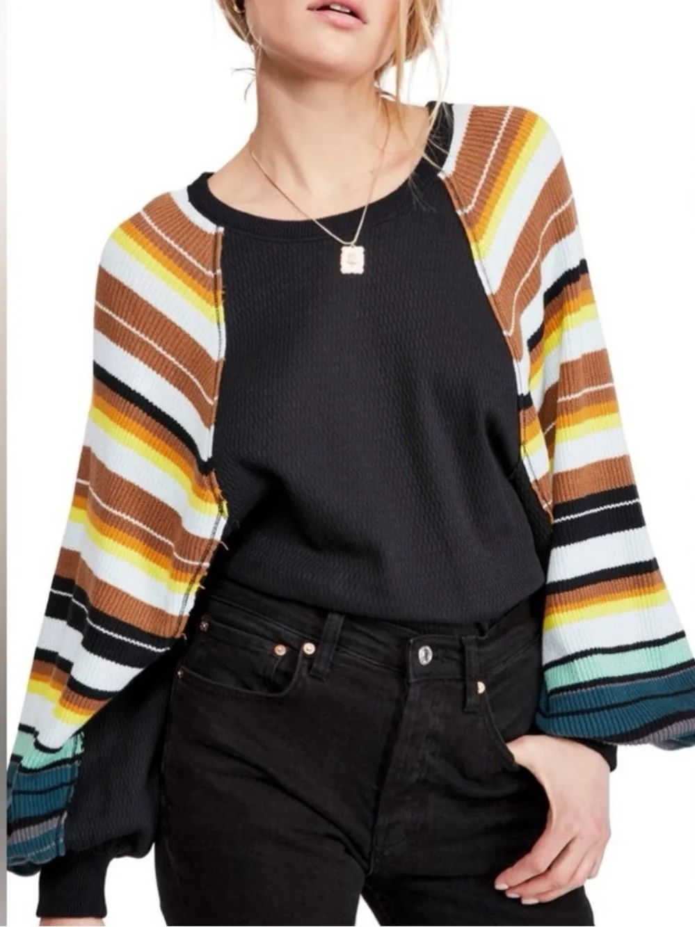 Free People Rainbow Stripes Waffle Knit Top with Striped Balloon Sleeves